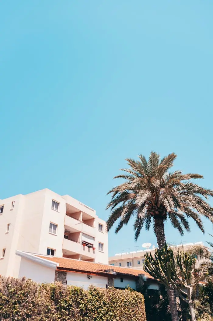 About Low angle view of Mediterranean building and palm tree against clear blue sky.