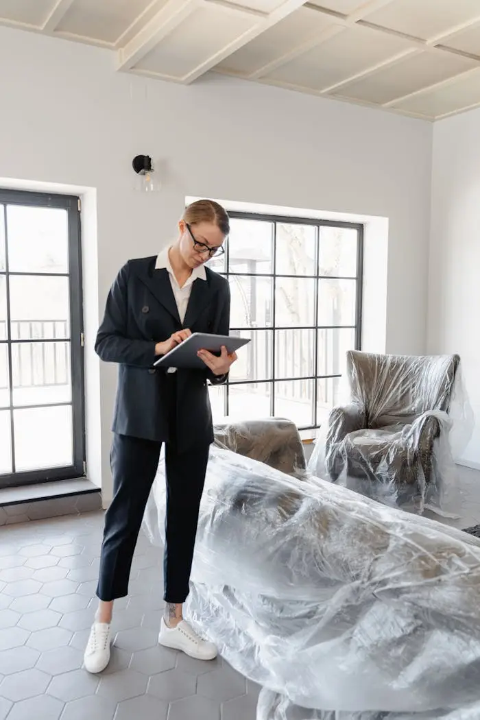 A real estate agent inspects a modern house with covered furniture, preparing it for potential buyers.